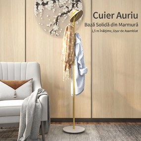 HOMCOM Cuier de Podea Autoportant cu 8 Cârlige și Bază din Marmură, Ø32x164 cm, Auriu | Aosom Romania