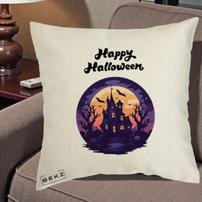 Perna Decorativa Happy Halloween Casa Bantuita Violet, 40x40 cm, Ecru, Husa Detasabila, Perna Inclusa, BEKZ®