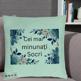 Cadou pentru Socri - Perna Personalizata Cei mai Minunati Socri cu Flori Albastre si Roz, 40x40 cm, Verde Menta, Husa Detasabila, Perna Inclusa, BEKZ®