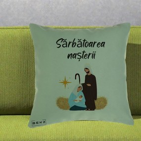 Perna Decorativa Nasterea Domnului Sfanta Familie Sarbatoarea Nasterii, 40x40 cm, Verde, Husa Detasabila, Perna Inclusa, BEKZ®