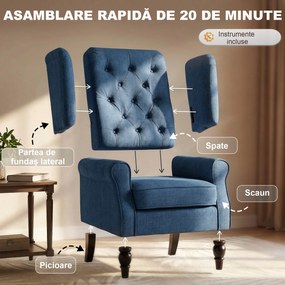 HOMCOM Scaun Decorativ Capitonat cu Spatar Inalt, Cotiere Rotunjite Captusite și Sezut cu Captuseala Groasa, Albastru | Aosom Romania