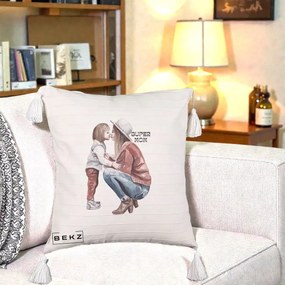 Cadou pentru Mama - Perna Personalizata Super Mom Acuarela, 40x40 cm, Bej cu Franjuri, Husa Detasabila, Perna Inclusa, BEKZ®