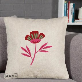 Perna Decorativa Floare Macul Roz-Rosu Grafic, 40x40 cm, Bej Canapea, Husa Detasabila, Perna Inclusa, BEKZ®