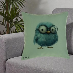Perna Decorativa Pui Pufos Teal cu Ochelari, 40x40 cm, Verde, Husa Detasabila, Perna Inclusa, BEKZ®