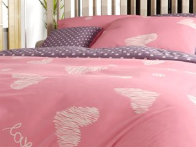 Lenjerie de pat din bumbac, reversibila, INIMI SI BULINE roz