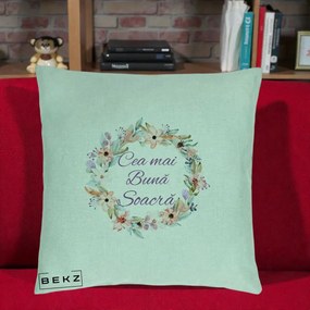 Cadou pentru Soacra - Perna Personalizata Cea mai Buna Soacra cu Coronita Flori Boho Pastel, 40x40 cm, Verde Menta, Husa Detasabila, Perna Inclusa, BEKZ®
