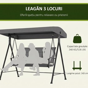Outsunny Balansoar de Grădină cu 3 Locuri, Copertină Reglabilă și Picioare Anti-alunecare, 195x118x170 cm, Gri Închis | Aosom Romania