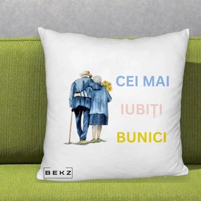 Cadou pentru Bunici - Perna Personalizata Cei Mai Iubiti Bunici Acuarela Spate, 40x40 cm, Alb Pufos, Husa Detasabila, Perna Inclusa, BEKZ®