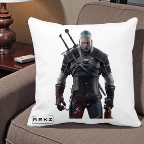 Perna Personalizata The Witcher Geralt of Rivia Portret, 40x40 cm, Alba Mata, Husa Detasabila, Perna Inclusa, BEKZ®