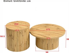 Set de 2 măsuțe de cafea rotunde, cu fronturi cu lamele verticale din lemn natural și colțuri rotunjite, 75x75x36 cm/50x50x50,5 cm, Culoare naturală