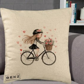 Perna Decorativa Fetita Kawaii pe Bicicleta cu Trandafiri si Inimioare, 40x40 cm, Bej, Husa Detasabila, Perna Inclusa, BEKZ®
