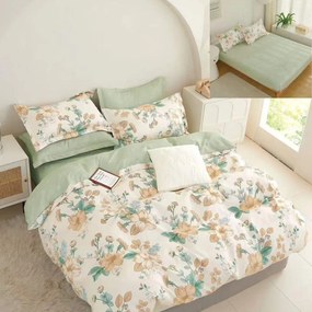 Lenjerie de pat cu elastic, tesatura tip finet, pat 2 persoane, 6 piese, verde / crem, T245
