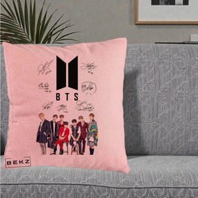 Perna Personalizata K-pop BTS Semnaturi Foto, 40x40 cm, Roz, Husa Detasabila, Perna Inclusa, BEKZ®