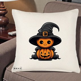 Perna Decorativa Halloween Dovleac Vrajitor Kawaii, 40x40 cm, Crem Reliefat, Husa Detasabila, Perna Inclusa, BEKZ®