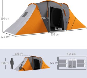 Outsunny Cort tunel, 2000mm rezistent la apă cort de camping pentru 4-6 persoane, cu 2 dormitoare și zonă de living geantă de transport Gri+Portocaliu | Aosom Romania