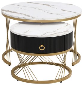 Set de 2 Măsuțe de Cafea Moderne Modulare din Marmură Sintetică cu Detalii Aurii și Sertare, Dimensiuni 70x70x45 cm și 50x50x40 cm, Alb