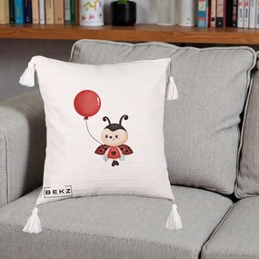 Perna Decorativa Buburuza cu Balon Rosu, 40x40 cm, Bej cu Franjuri, Husa Detasabila, Perna Inclusa, BEKZ®