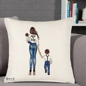 Cadou pentru Mama - Perna Personalizata Mom of Boys Mama cu Baietii, 40x40 cm, Crem Reliefat, Husa Detasabila, Perna Inclusa, BEKZ®