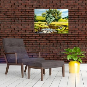 Tablou pe sticlă - Râu între câmpii, pictură în ulei (70x50 cm)