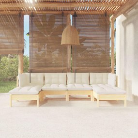 Set mobilier gradina cu perne crem, 6 piese, lemn masiv de pin maro si crem, 6
