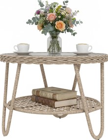 Outsunny Măsuță laterală din polyrattan, masă de cafea în 2 niveluri cu raft, blat din sticlă, picioare reglabile, 65 x 65 x 50 cm, galben | Aosom Romania