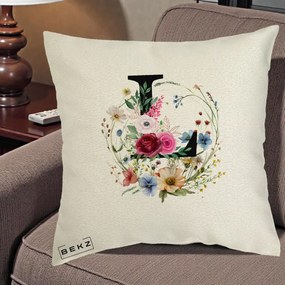 Cadou Personalizat - Perna Personalizata Monogram Litera L cu Flori Acuarela, 40x40 cm, Ecru, Husa Detasabila, Perna Inclusa, BEKZ®