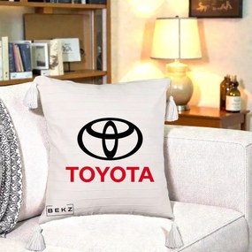 Perna Personalizata cu emblema Toyota, 40x40 cm, Bej cu Franjuri, Husa Detasabila, Perna Inclusa, BEKZ®