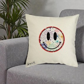 Perna Decorativa Smiley Face cu Artificii Multicolore, 40x40 cm, Ecru, Husa Detasabila, Perna Inclusa, BEKZ®