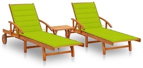 vidaXL Șezlonguri, 2 buc., cu masă și perne, lemn masiv de acacia