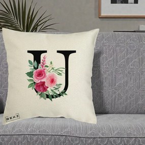 Cadou Personalizat - Perna Personalizata Monograma Florala Litera U, 40x40 cm, Ecru, Husa Detasabila, Perna Inclusa, BEKZ®