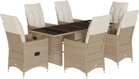 vidaXL Set bistro de grădină, 7 piese, cu perne, bej, poliratan
