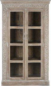 Vitrină sculptată manual din lemn masiv de mango, finisaj décapé alb, 2 uși vitrate, 3 rafturi, 120×44×210 cm, „Jaipur"