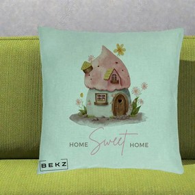 Perna Decorativa Home Sweet Home Casuta, 40x40 cm, Verde Menta, Husa Detasabila, Perna Inclusa, BEKZ®