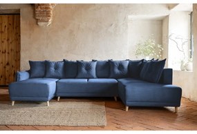 Colțar albastru închis extensibil cu tapițerie din catifea reiată (colț dreapta/în formă de "U") Lazy Lukka – Miuform