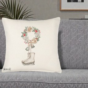 Perna Decorativa Patine cu Coroana Florala de Craciun, 40x40 cm, Crem Reliefat, Husa Detasabila, Perna Inclusa, BEKZ®