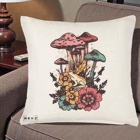 Perna Decorativa Ciuperci si Broaste Boho, 40x40 cm, Crem Reliefat, Husa Detasabila, Perna Inclusa, BEKZ®
