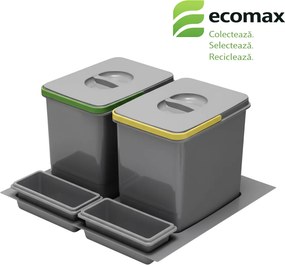 Cos gunoi incorporabil in sertar, Ecomax Praktico Antracit 600, colectare selectiva, 2 x 12 l Plastic, 600 mm, L:510 mm; A:475 mm; H:230 mm,