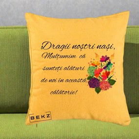 Cadou pentru Nasi - Perna Personalizata Dragii Nostri Nasi Multumim cu Flori Multicolore, 40x40 cm, Galben, Husa Detasabila, Perna Inclusa, BEKZ®