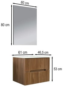 Mobilier de baie Trent 60 cm cu chiuvetă ceramică (2 sertare) și oglindă 60x80 cm stejar apus de soare