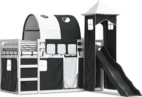vidaXL Pat supraetajat cu tobogan și perdele, alb și negru, 90x190 cm