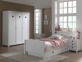 Set AMORI în alb format dintr-un Pat copii (90 x 200 cm), un sertar de Pat copii, o noptieră și un Dulap camera copii cu 3 uși.