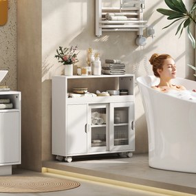 HOMCOM Dulap de Baie cu Roți, Raft Reglabil, Ușă Glisantă din Sticlă Călită, Alb | Aosom Romania