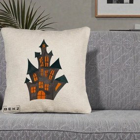 Perna Decorativa Halloween Casa Bantuita Minimalista, 40x40 cm, Bej Canapea, Husa Detasabila, Perna Inclusa, BEKZ®