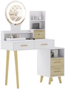 HOMCOM Masă de toaletă cu oglindă și lumini LED reglabile cu 5 sertare 4 compartimente și 1 poliță 100x44x137 cm Alb și Natural | Aosom Romania