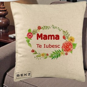 Cadou pentru Mama - Perna Personalizata Mama Te Iubesc Flori Rosii, 40x40 cm, Bej, Husa Detasabila, Perna Inclusa, BEKZ®