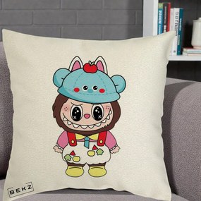 Perna Personalizata Labubu x Urs Albastru Colorat, 40x40 cm, Ecru, Husa Detasabila, Perna Inclusa, BEKZ®