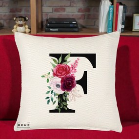 Cadou Personalizat - Perna Personalizata Monograma Florala Litera F, 40x40 cm, Crem Reliefat, Husa Detasabila, Perna Inclusa, BEKZ®