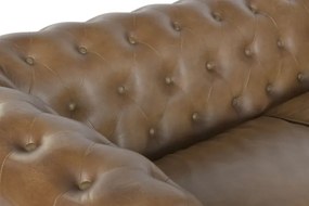 Canapea Chesterfield cu 3 locuri din piele, maro, spătar și brațe capitonate cu ținte, picioare cu rotile, finisaj patinat, 80 x 190 x 77 cm,