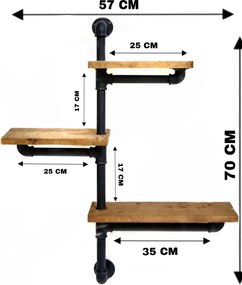Raft cu 3 polite stil industrial din lemn-metal Homs 70 X 12 X 57 cm