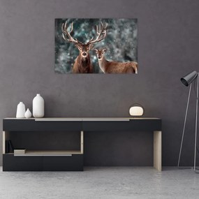 Tablou - Cerb și căprioare în pădurea înzăpezită (90x60 cm)